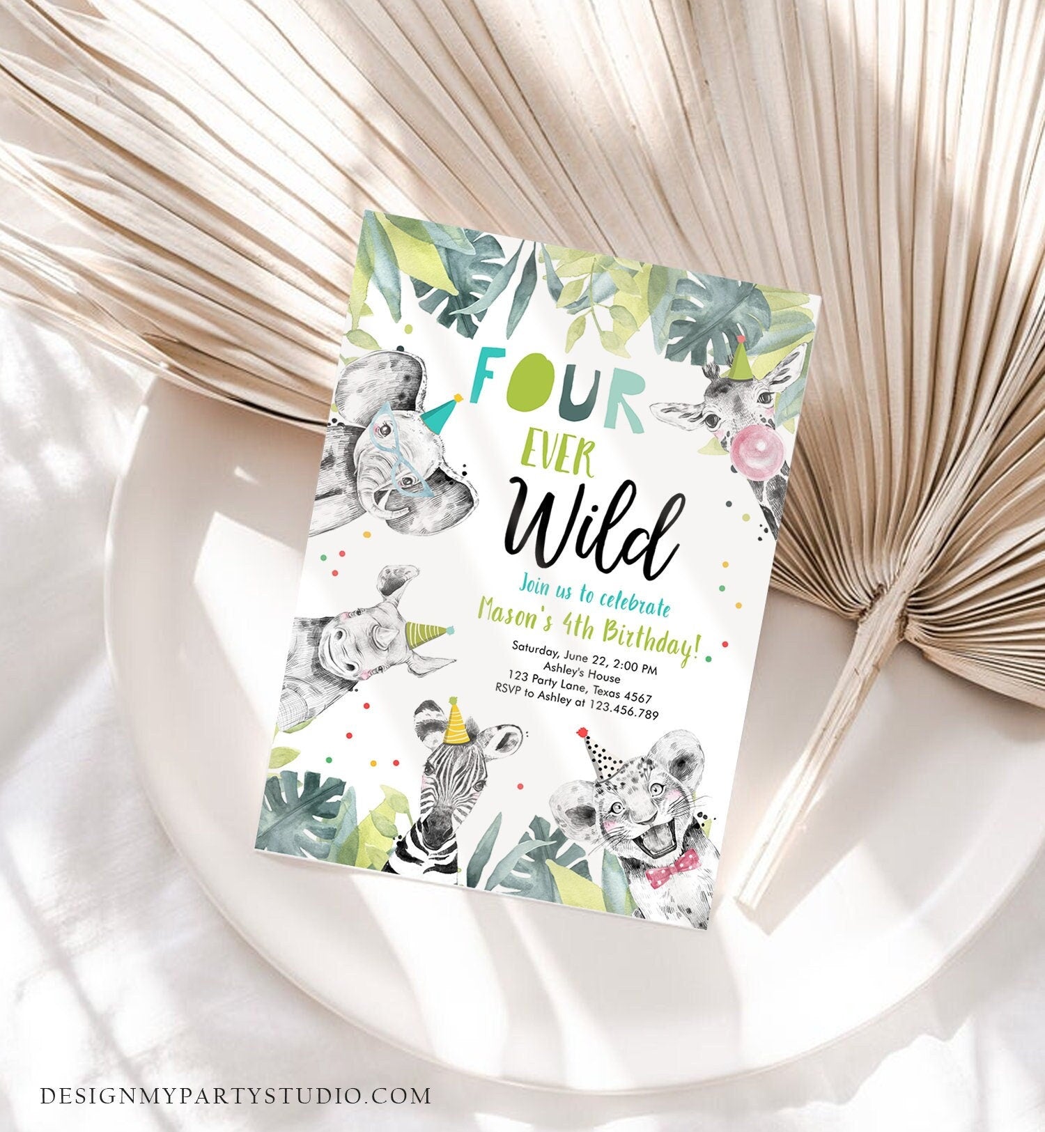 Editable Four Ever Wild Birthday Invitation Safari Animals Party Animals Boy Gold Fourth 4th Zoo Digital Template Evite Printable 0322