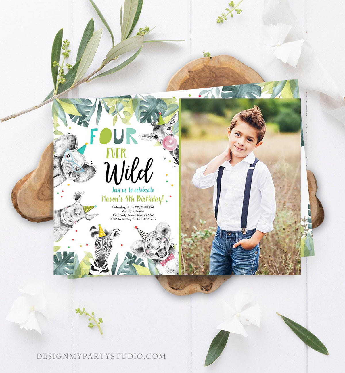 Editable Four Ever Wild Invitation Safari Animals Party Animals Boy Gold Fourth Birthday 4th Zoo Digital Evite Template Printable 0322