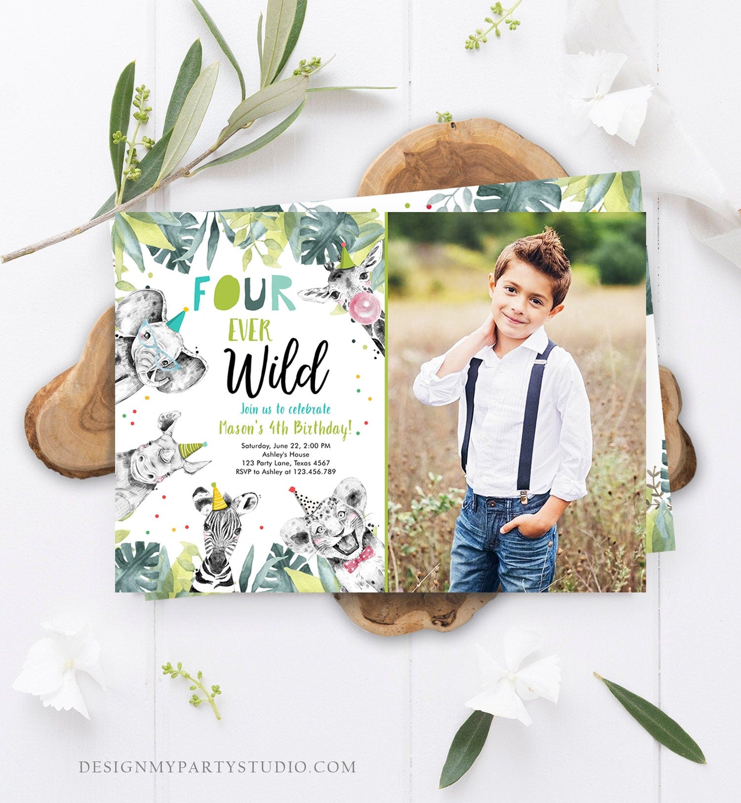 Editable Four Ever Wild Invitation Safari Animals Party Animals Boy Gold Fourth Birthday 4th Zoo Digital Evite Template Printable 0322