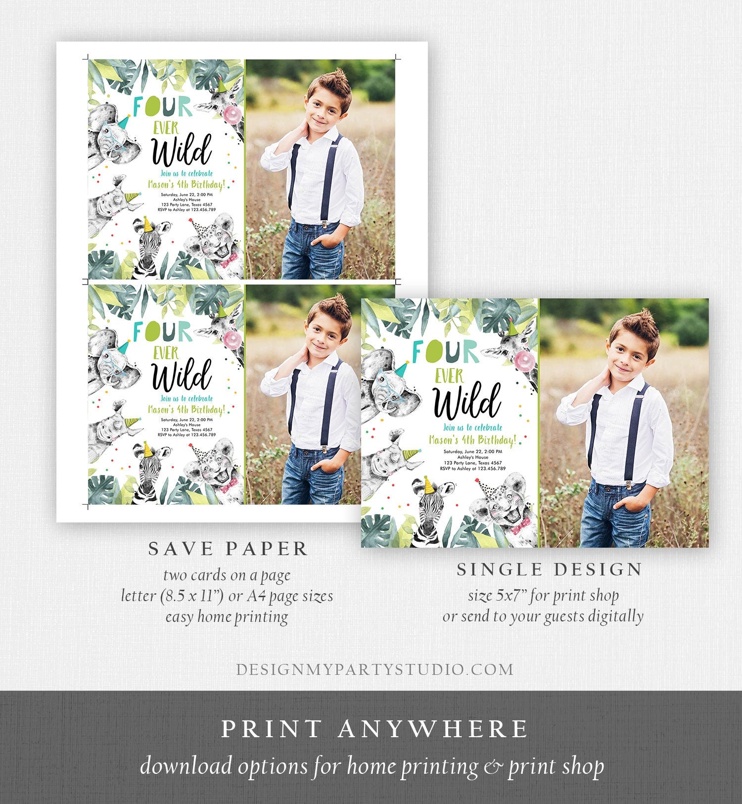 Editable Four Ever Wild Invitation Safari Animals Party Animals Boy Gold Fourth Birthday 4th Zoo Digital Evite Template Printable 0322