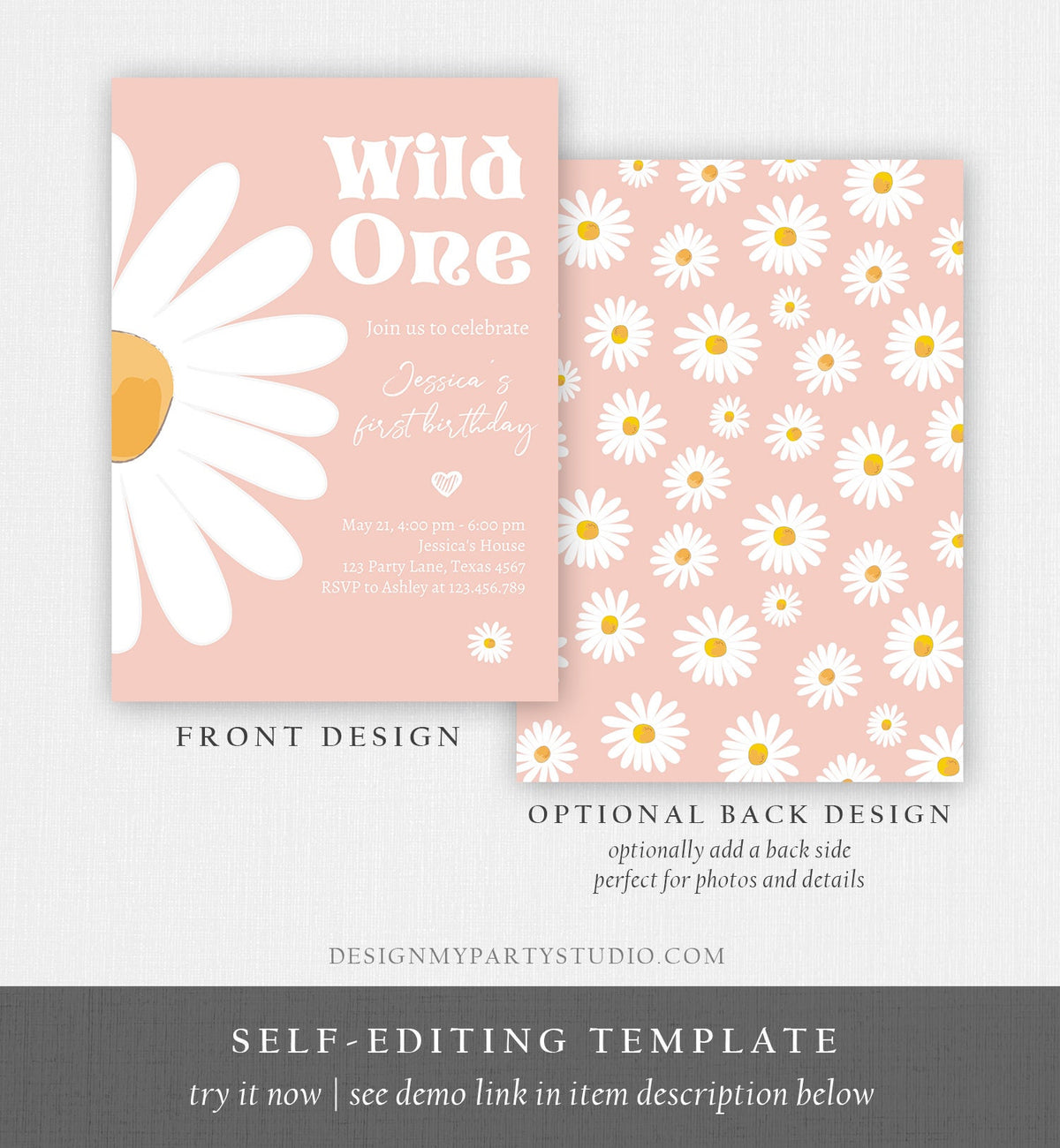 Editable Daisy Birthday Party Invitation Wild One Floral Girl Boho Pink First Birthday 1st Digital Download Template Corjl Printable 0410