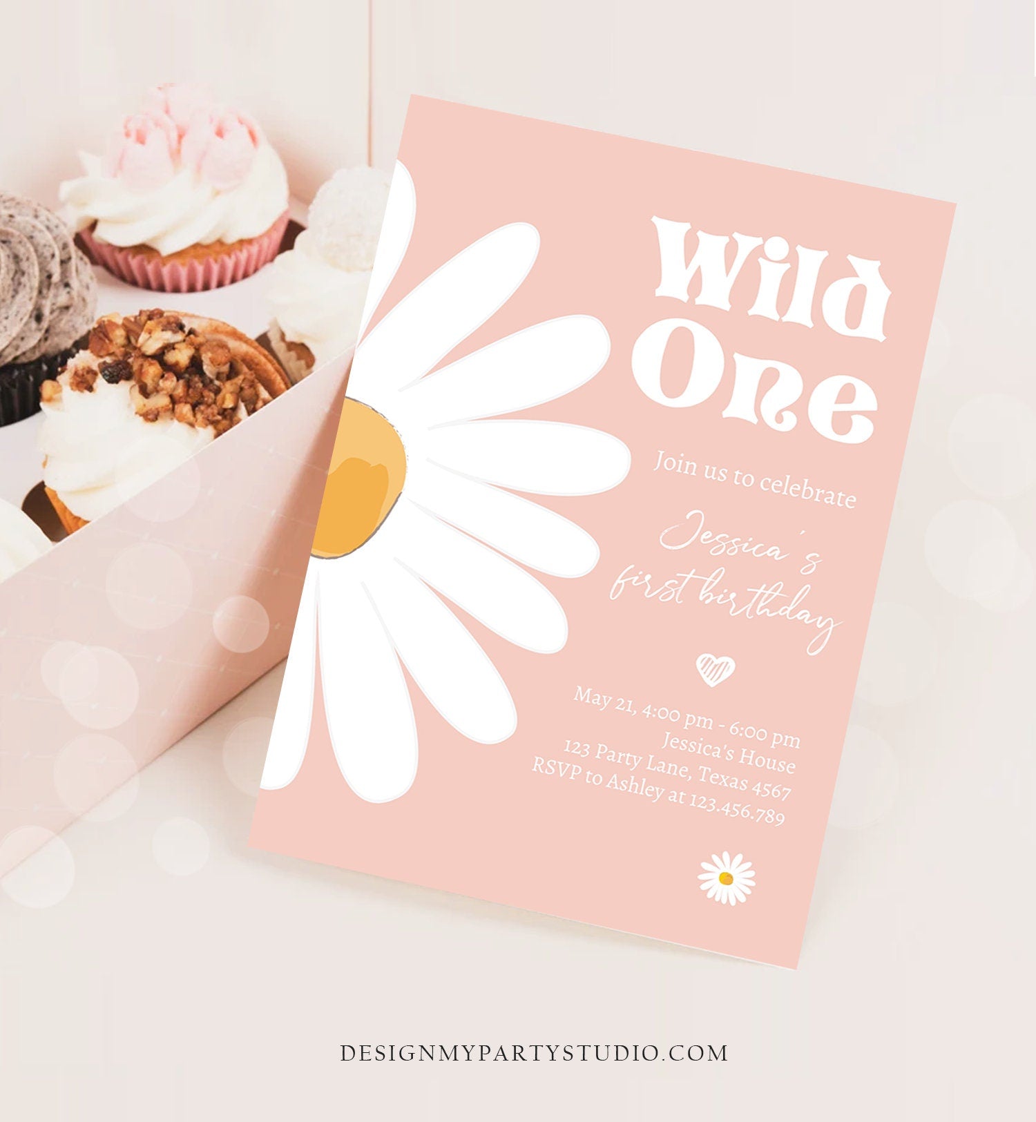Editable Daisy Birthday Party Invitation Wild One Floral Girl Boho Pink First Birthday 1st Digital Download Template Corjl Printable 0410
