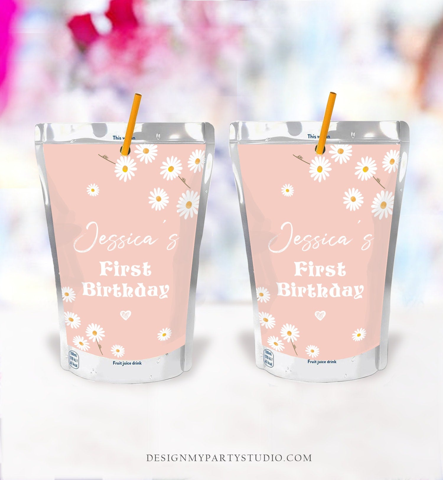 Editable Daisy Birthday Juice Pouch Labels Daisy Boho Retro Birthday Party Girl Wildflower Digital Download Editable Template Printable 0410