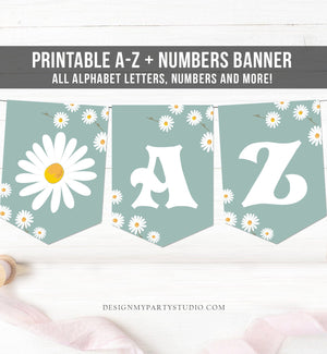 Daisy A-Z Banner Birthday Baby Shower Alphabet Numbers Happy Birthday Girl Dusty Blue Boho Floral Decor Instant Download Printable 0410