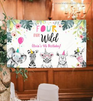 Editable Four Ever Wild Party Animals Backdrop Banner Fourth Birthday 4th Safari Animals Girl Welcome Sign Corjl Template Printable 0322