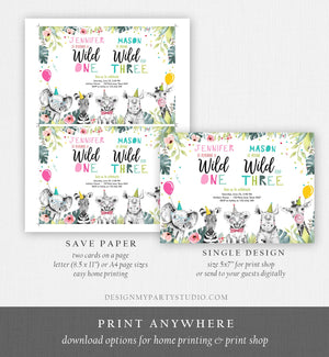 Editable Wild One Young Wild and Three Birthday Invitation Party Animals Boy Girl First Third 1st 3rd Safari Coed Joint Corjl Template 0322