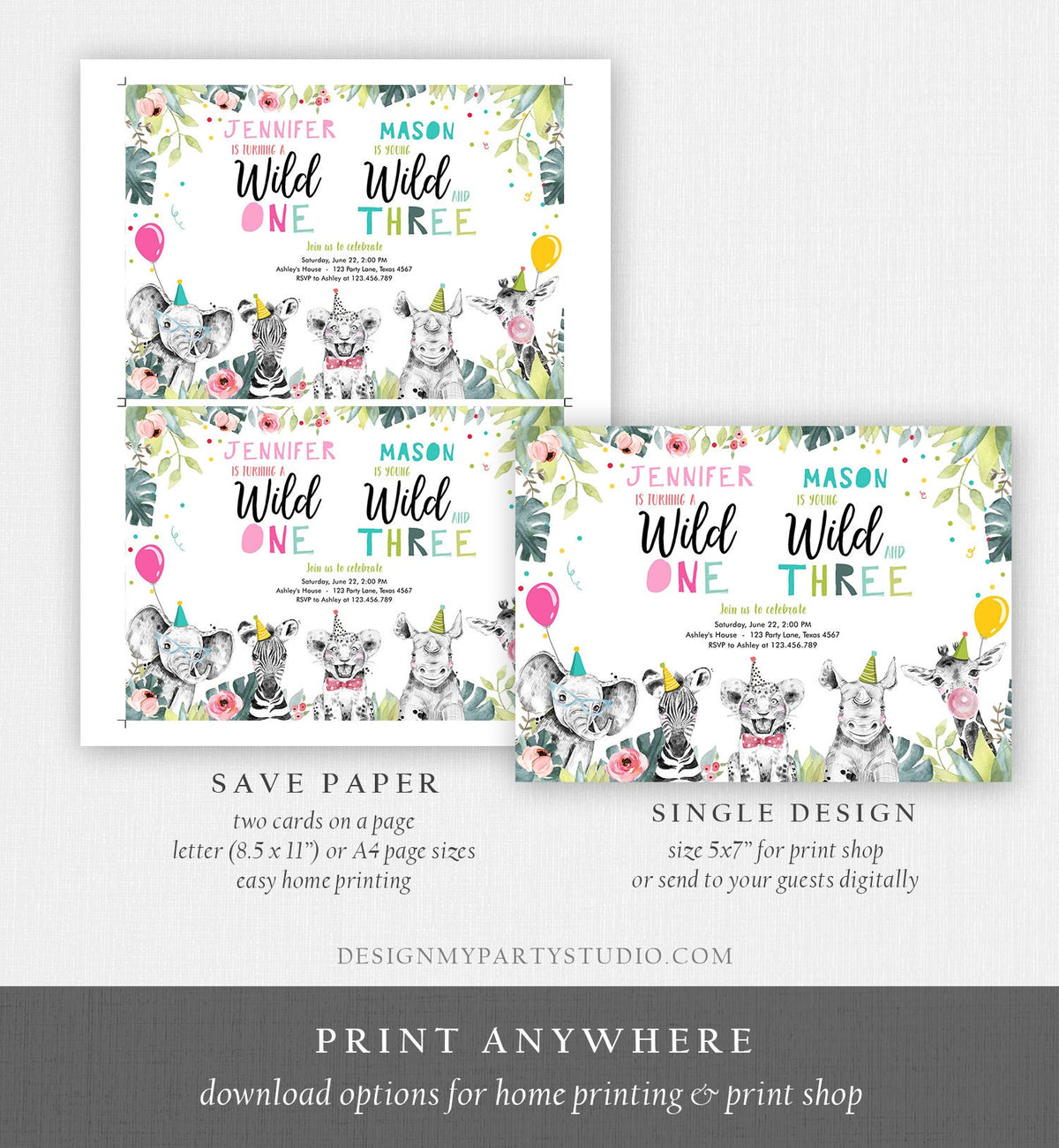 Editable Wild One Young Wild and Three Birthday Invitation Party Animals Boy Girl Joint First Third 1st 3rd Digital Template Printable 0322