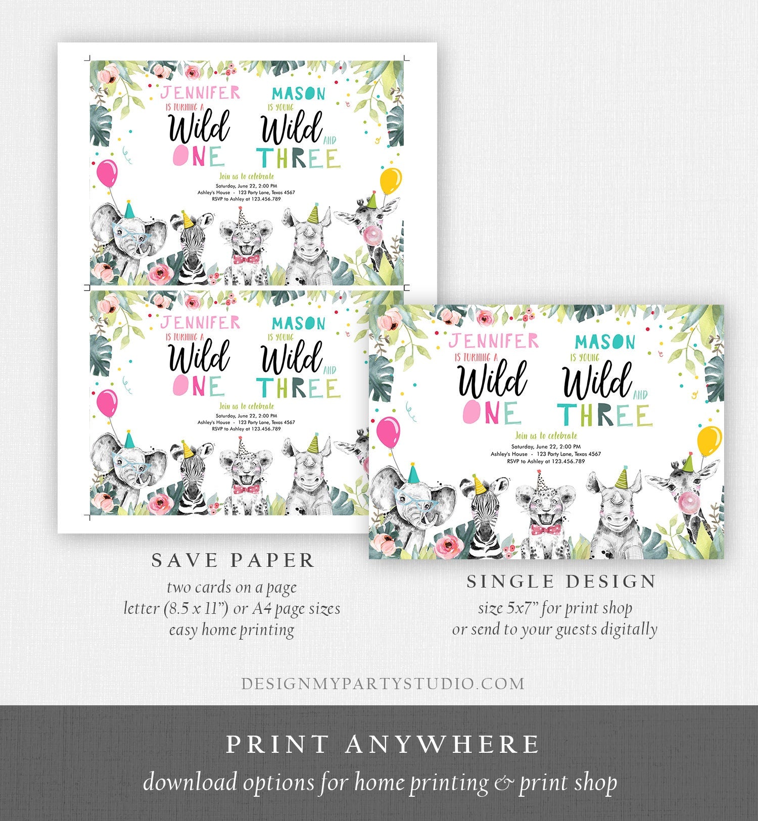 Editable Wild One Young Wild and Three Birthday Invitation Party Animals Boy Girl Joint First Third 1st 3rd Digital Template Printable 0322