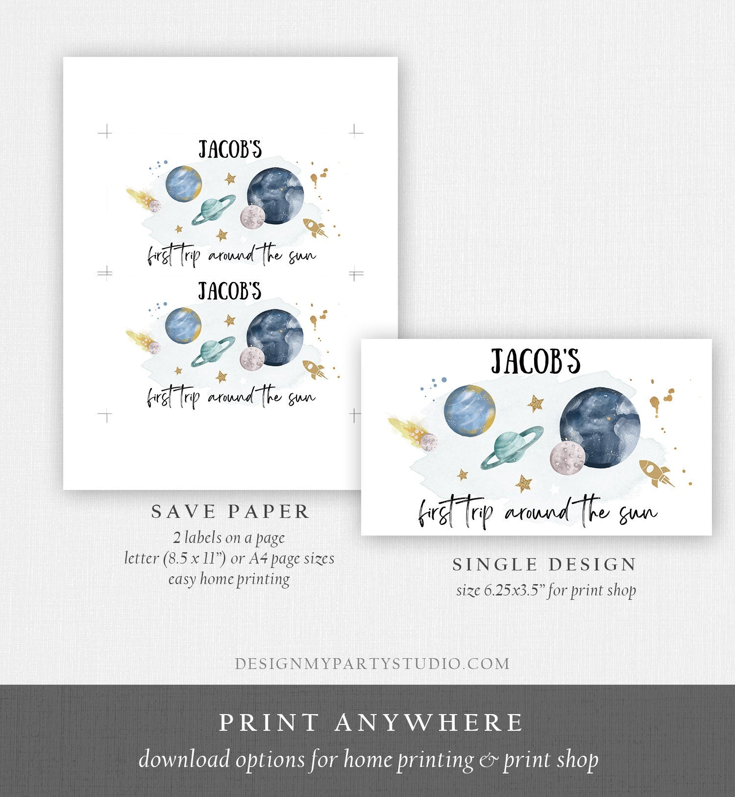 Editable Space Gable Box Label Outer Space Birthday Gift Box Labels First Trip Around the Sun Party Favors Download Printable Corjl 0357