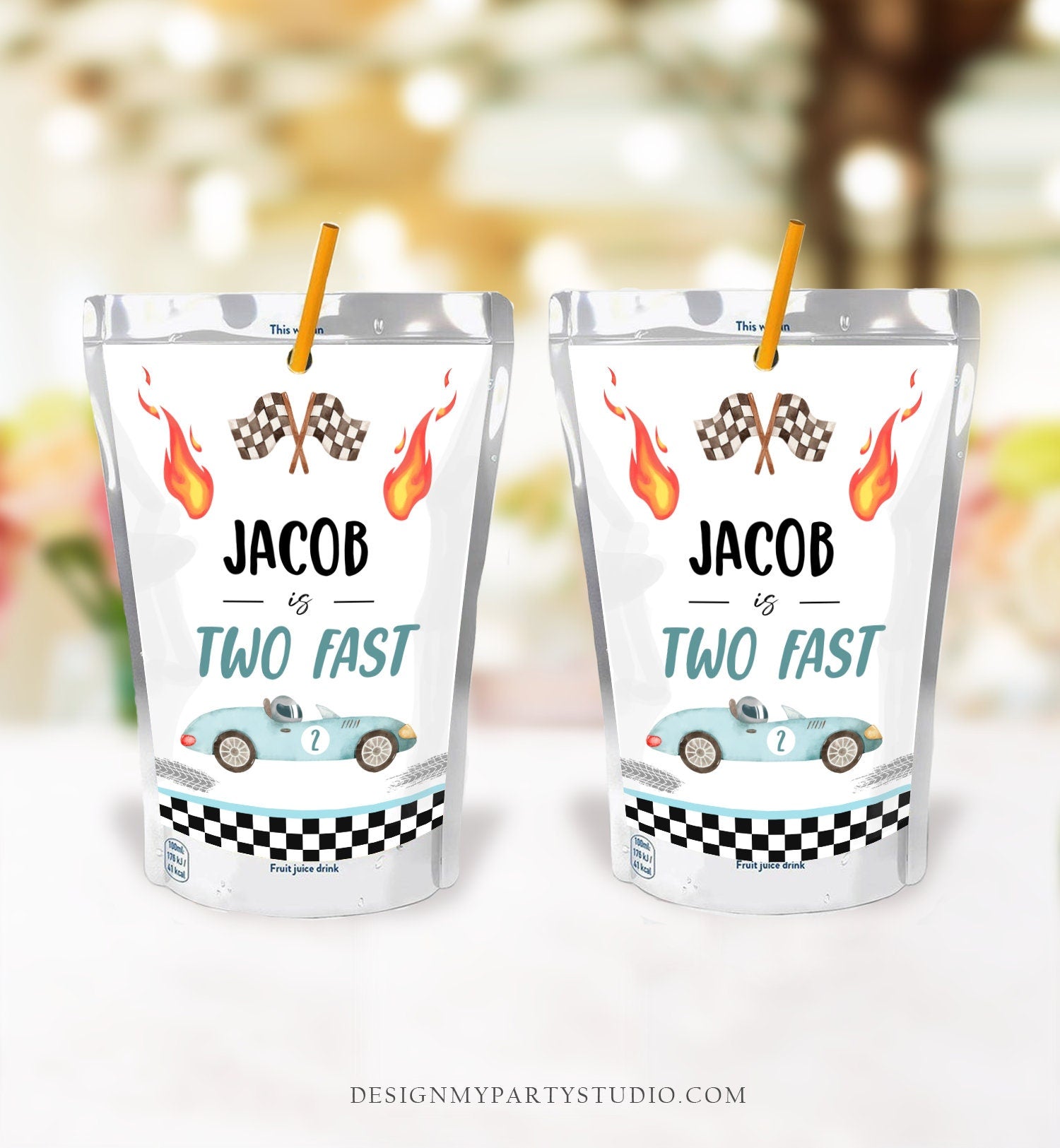 Editable Two Fast Juice Pouch Label Juice Favors Race Car Birthday Boy Growing Up Two Fast Blue Digital Download Template Printable 0424