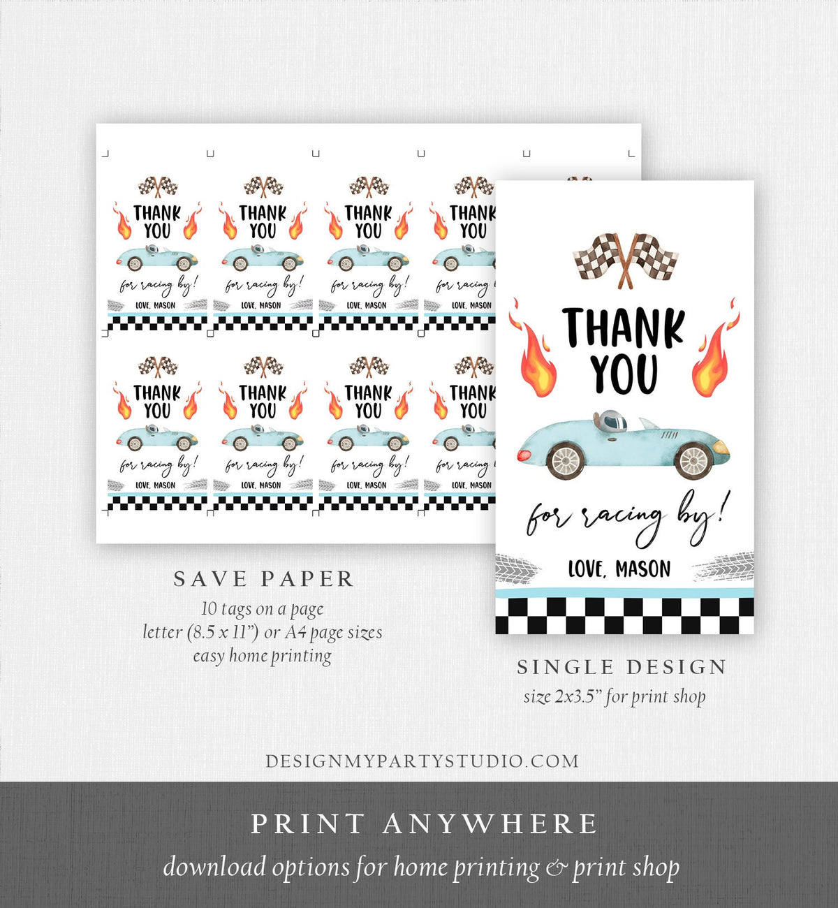 Editable Racing Favor Tags Race Car Birthday Thank you Label Growing Up Two Fast Gift tags Blue Race Cars Digital Template Printable 0424