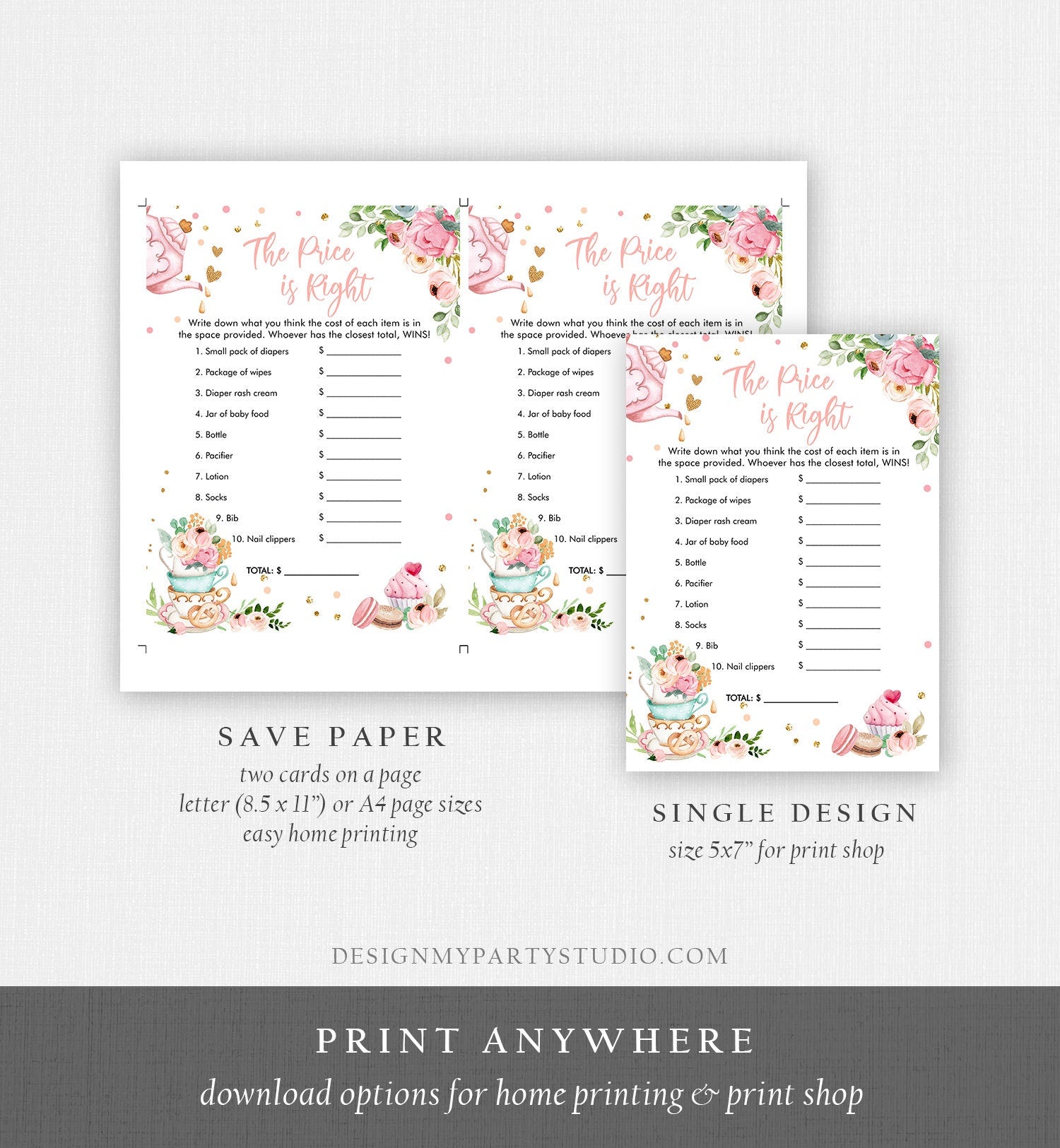 Editable The Price is Right Baby Shower Game Sweet Baby Tea Party Baby is Brewing Game Pink Sweets Activity Corjl Template Printable 0349