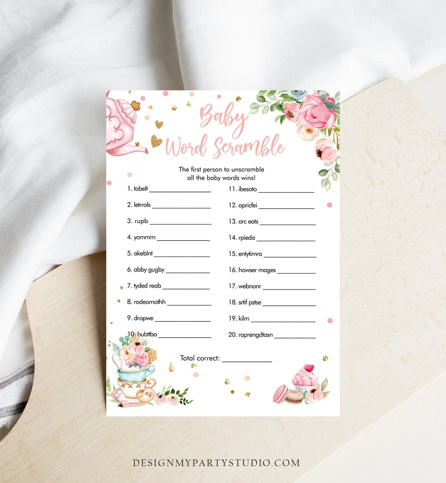 Editable Word Scramble Baby Shower Game Word Search Tea Party Baby is Brewing Game Pink Shower Activity Digital Template Printable 0349