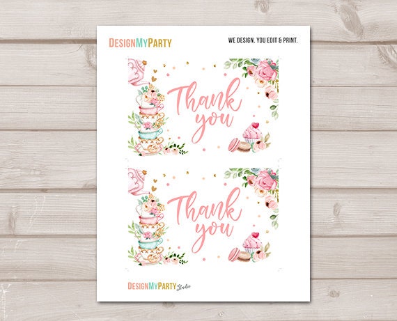 Tea Party Thank you Card Floral Tea Baby Shower Thank You Note 4x6&quot; Girl Pink Tea Birthday Tea for Two PRINTABLE Instant Download 0349