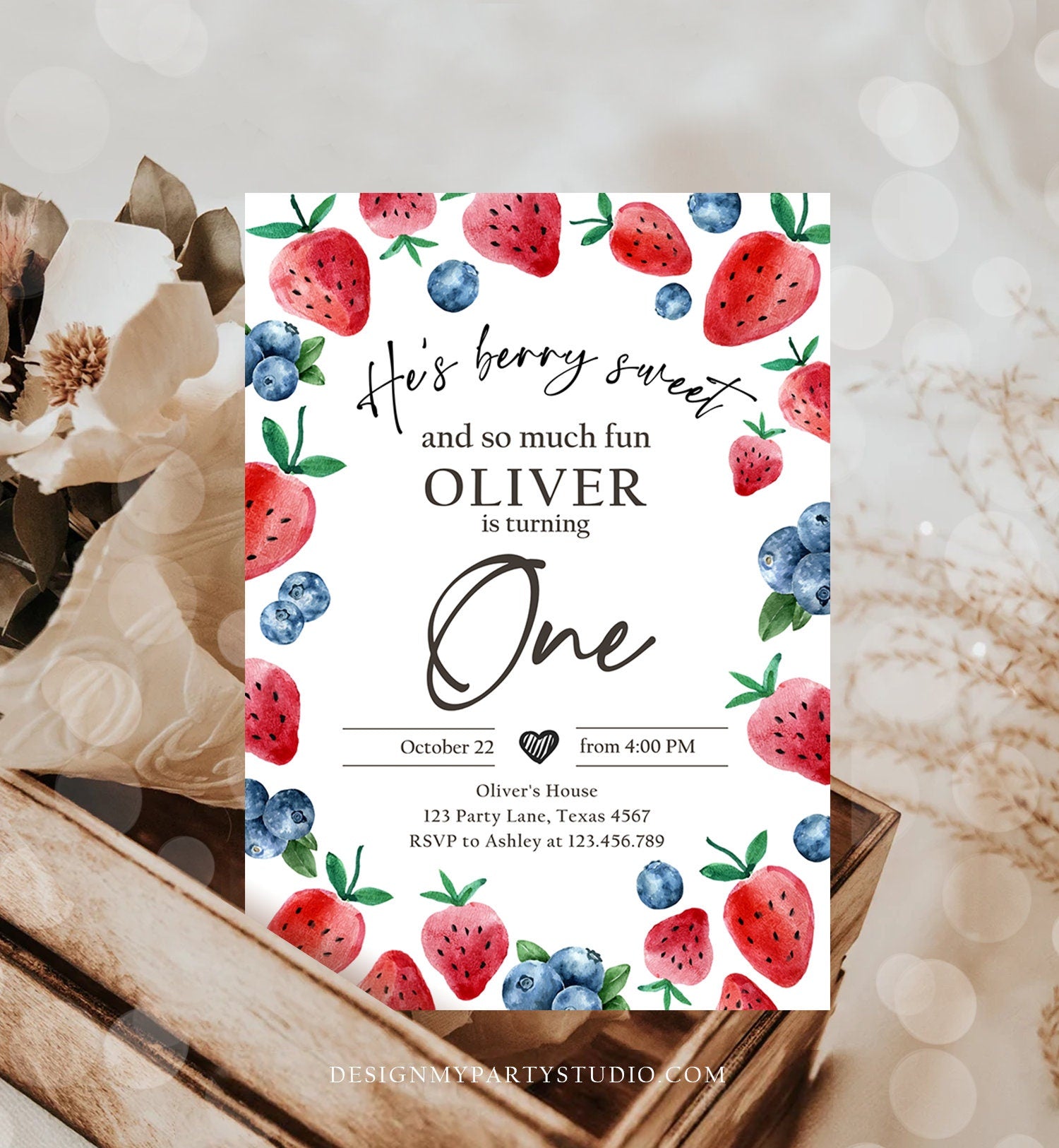 Editable Berry Sweet Birthday Invitation Blueberry Strawberry Picking Party Farmers Market Twin Digital Evite Template Printable 0399