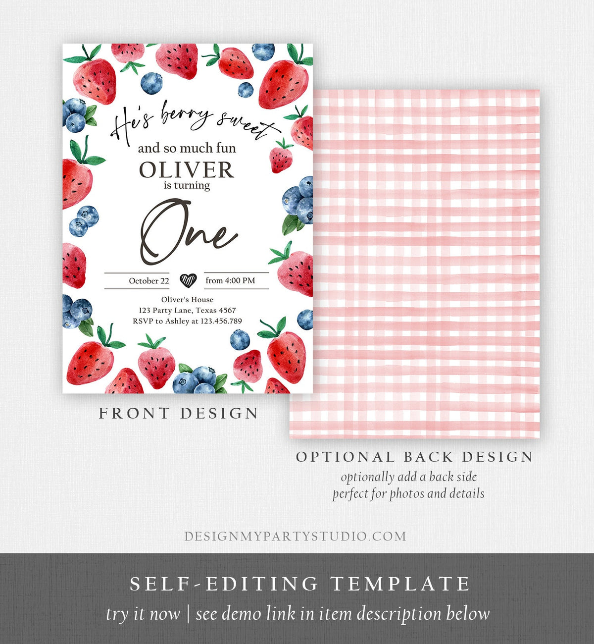 Editable Berry Sweet Birthday Invitation Blueberry Strawberry Picking Party Farmers Market Twin Digital Evite Template Printable 0399