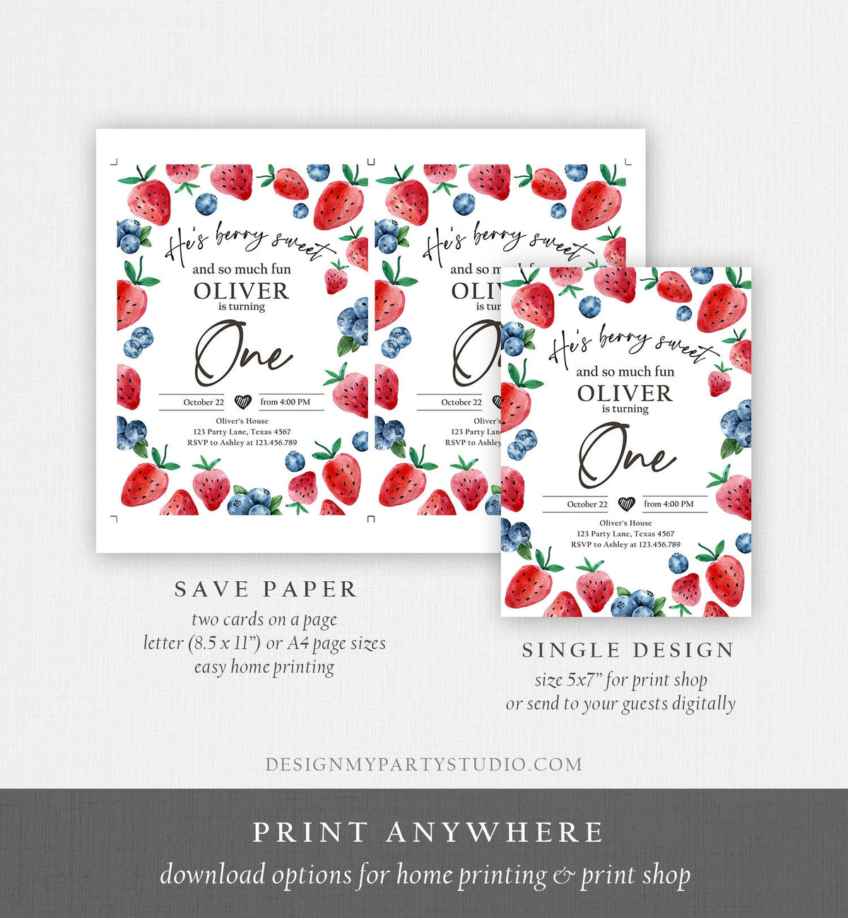 Editable Berry Sweet Birthday Invitation Blueberry Strawberry Picking Party Farmers Market Twin Digital Evite Template Printable 0399
