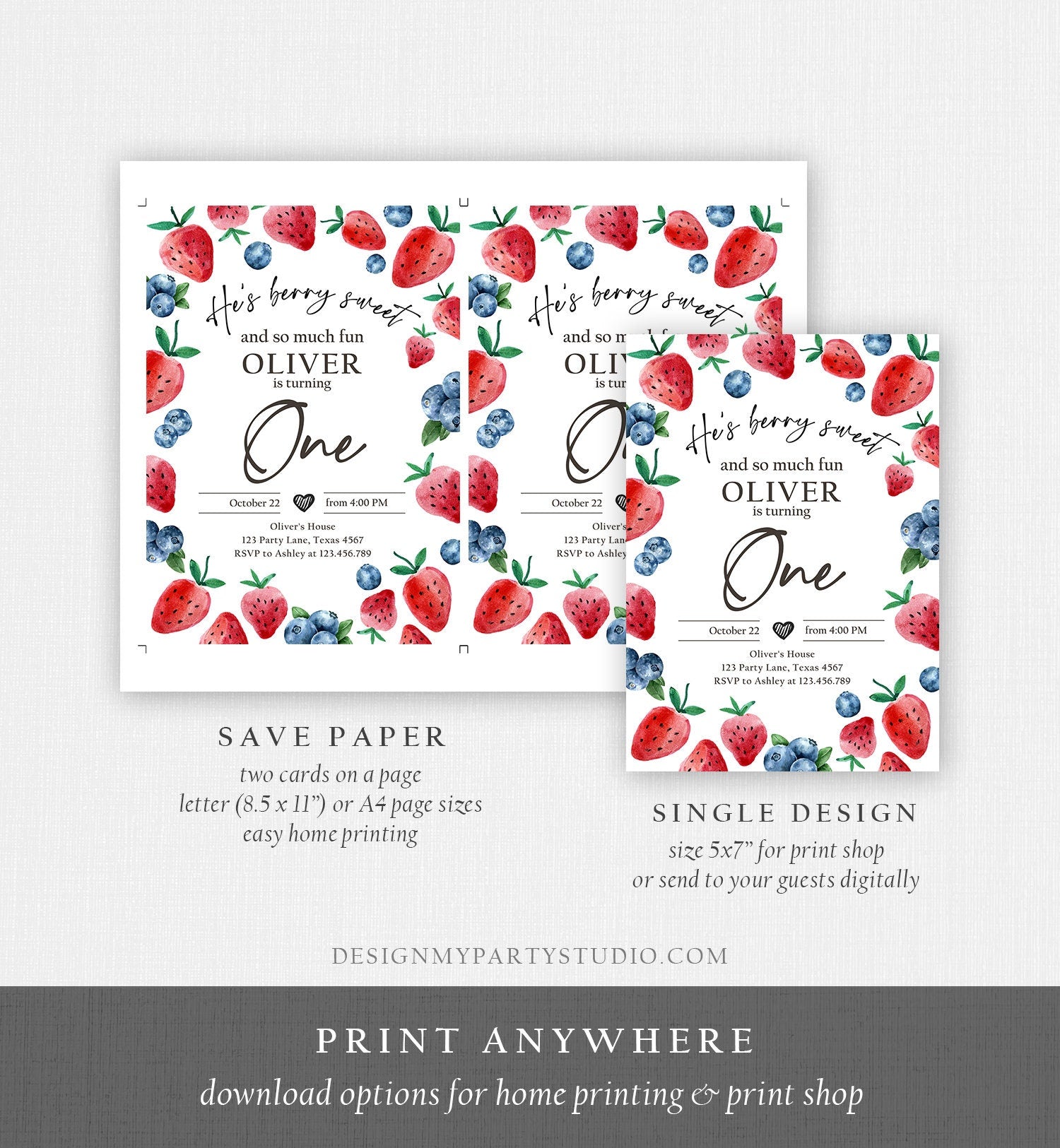 Editable Berry Sweet Birthday Invitation Blueberry Strawberry Picking Party Farmers Market Twin Digital Evite Template Printable 0399