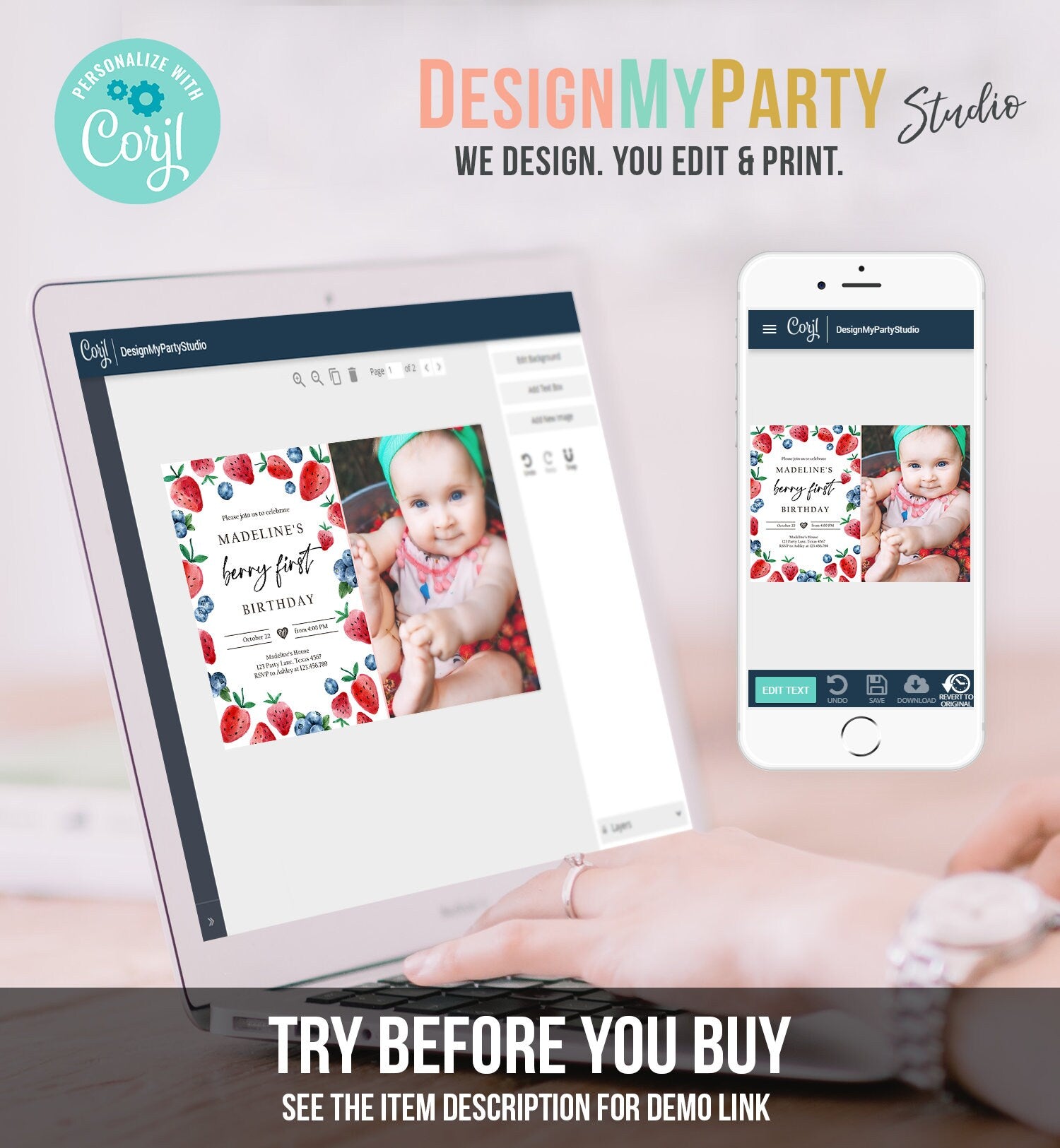 Editable Berry Sweet Birthday Invitation Blueberry Strawberry Picking Party Farmers Market Twin Digital Evite Template Printable 0399