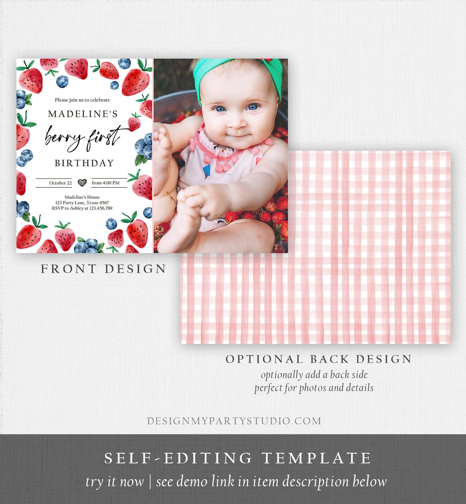 Editable Berry Sweet Birthday Invitation Blueberry Strawberry Picking Party Farmers Market Twin Digital Evite Template Printable 0399