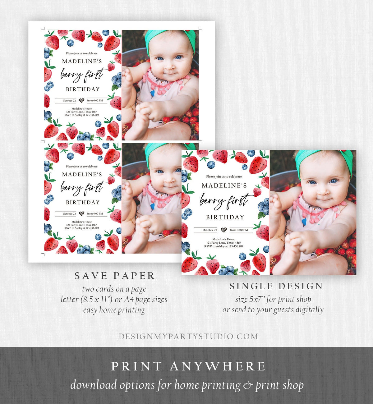 Editable Berry Sweet Birthday Invitation Blueberry Strawberry Picking Party Farmers Market Twin Digital Evite Template Printable 0399