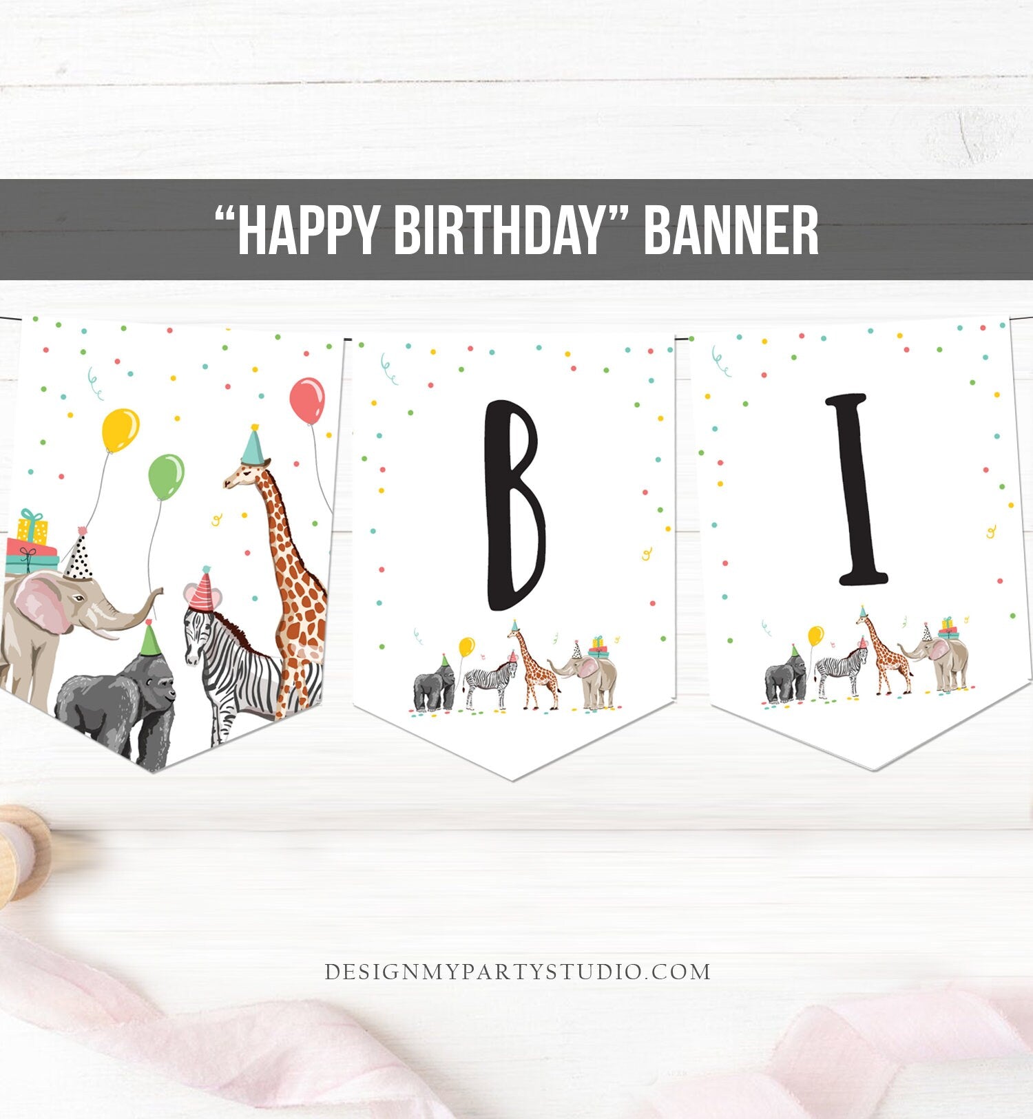 Happy Birthday Banner Party Animals Safari Animals Wild One Birthday Zoo Decorations Boy Girl Jungle Instant download PRINTABLE DIGITAL 0142