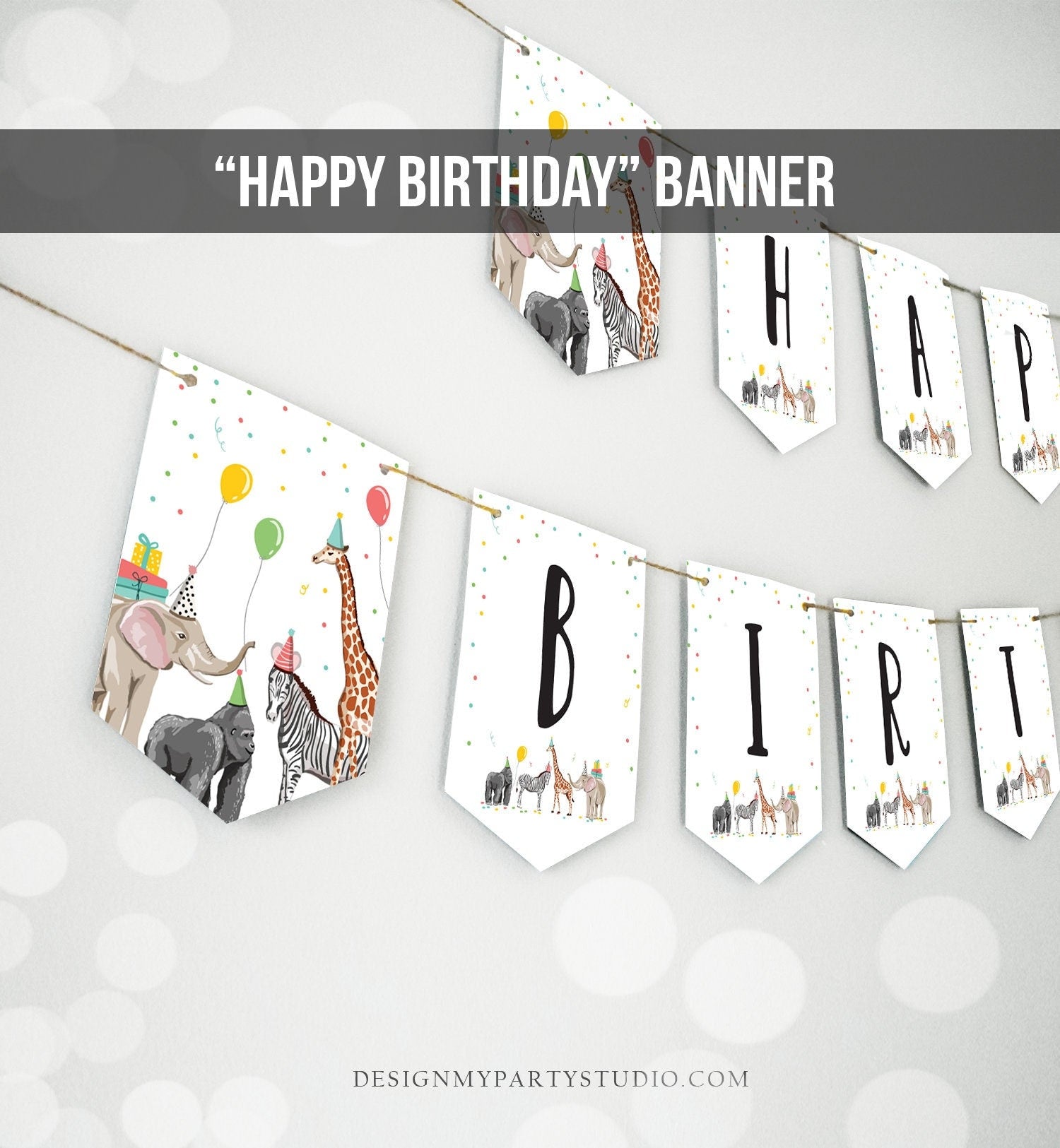 Happy Birthday Banner Party Animals Safari Animals Wild One Birthday Zoo Decorations Boy Girl Jungle Instant download PRINTABLE DIGITAL 0142