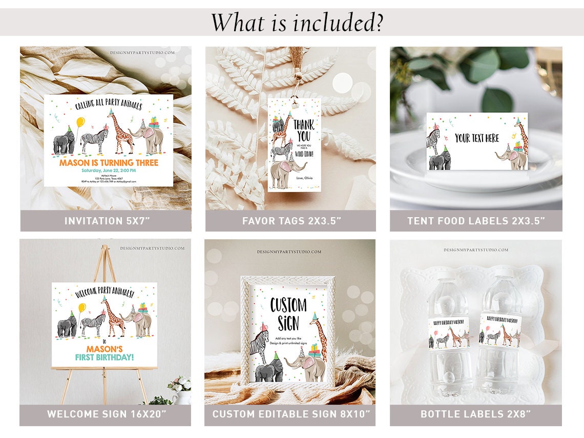 Party Animals Birthday Invitation Bundle Wild One Animals Zoo Safari Animals Boy Gender Neutral Boy Jungle Printable Corjl Template 0142