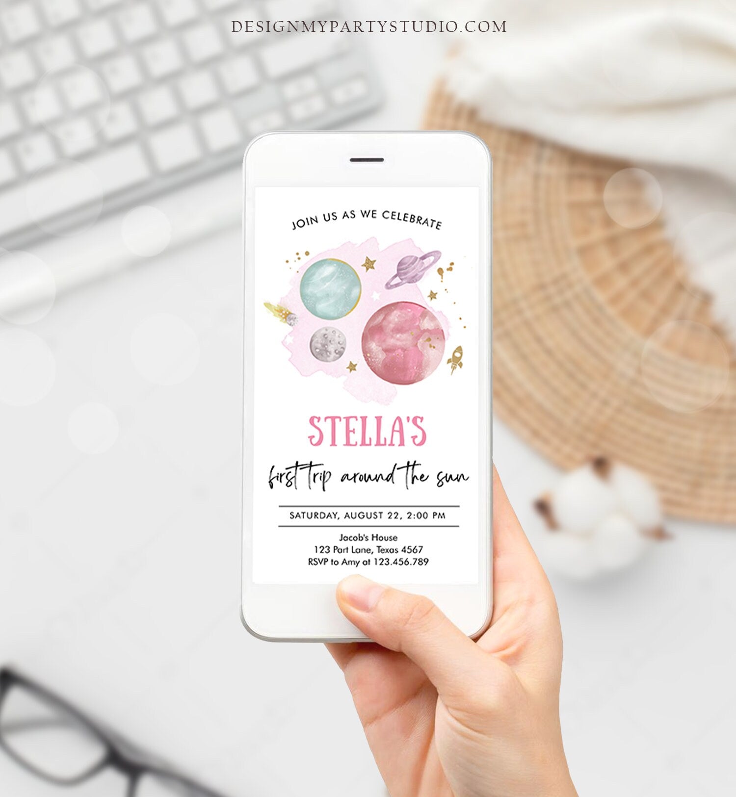 Editable Outer Space First Birthday Invitation Galaxy Blast Off First Trip Around the Sun Phone Digital Download Evite Template 0357