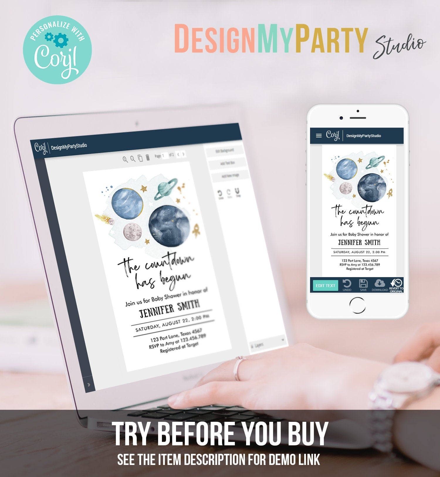 Editable Space Baby Shower Evite Galaxy Outer Space Planets Moon Watercolor Countdown Electronic Digital Download Phone Evite Template 0357