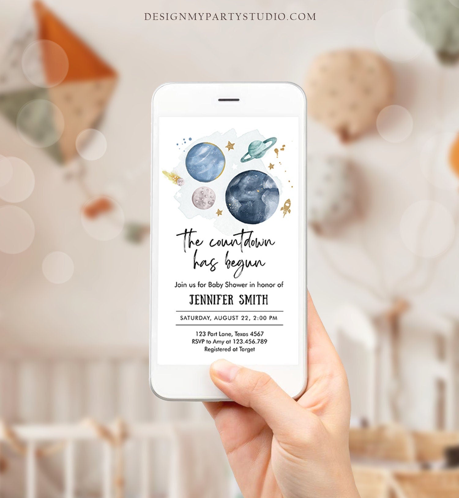 Editable Space Baby Shower Evite Galaxy Outer Space Planets Moon Watercolor Countdown Electronic Digital Download Phone Evite Template 0357
