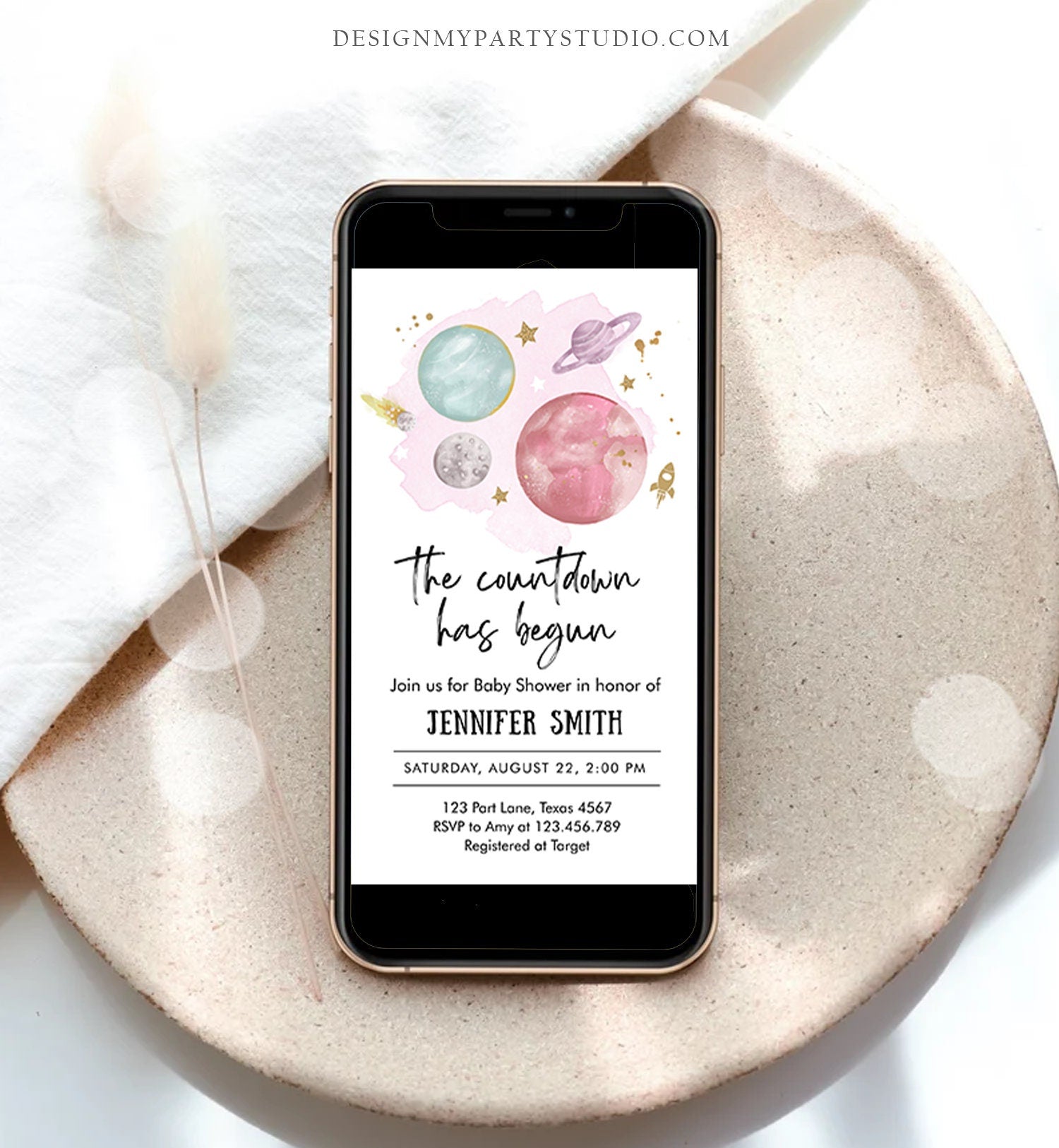 Editable Space Baby Shower Evite Galaxy Girl Pink Outer Space Planets Moon Countdown Smartphone Digital Download Template Printable 0357