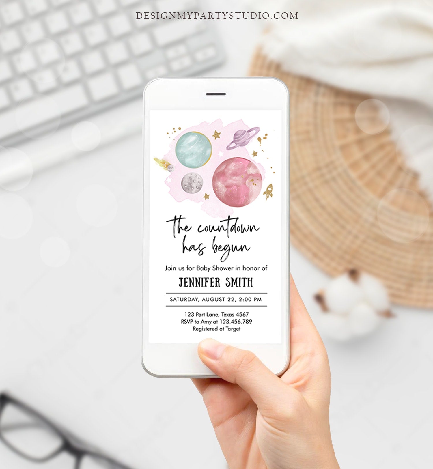 Editable Space Baby Shower Evite Galaxy Girl Pink Outer Space Planets Moon Countdown Smartphone Digital Download Template Printable 0357