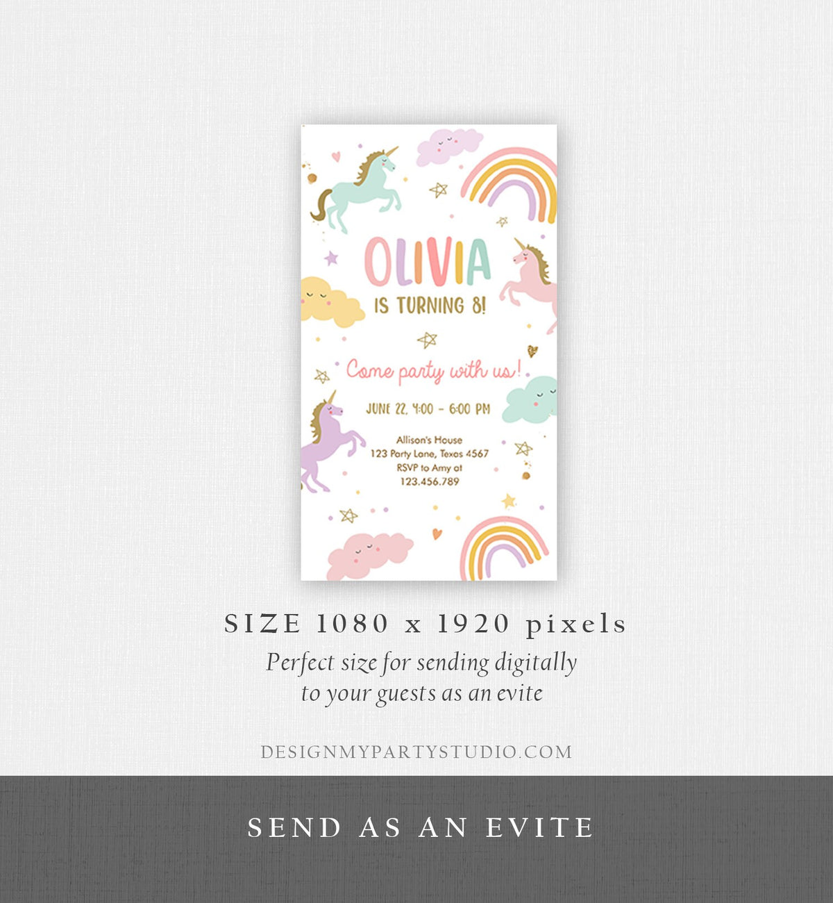 Editable Unicorn Birthday Evite Magical Party Invite Girl Pastel First Digital Unicorn Party Template Rainbow Phone Digital Electronic 0426