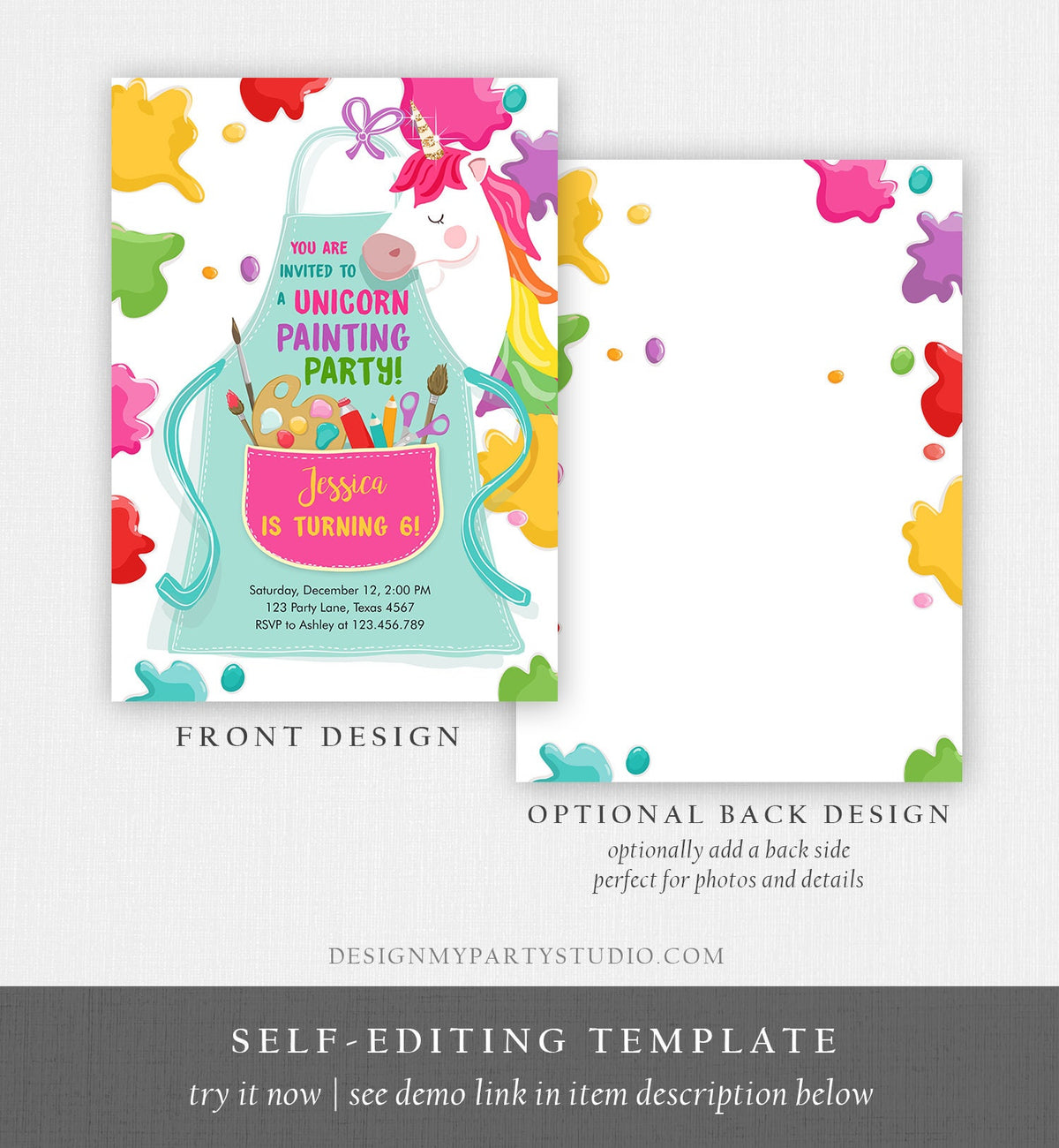 Editable Unicorn Painting Party Invitation Art Party Birthday Girl Paint Craft Party Digital Download Evite Template Printable 0319