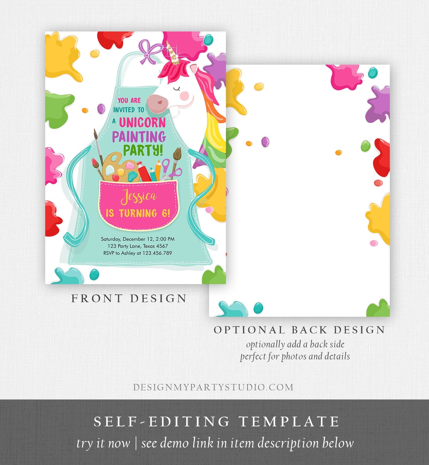 Editable Unicorn Painting Party Invitation Art Party Birthday Girl Paint Craft Party Digital Download Evite Template Printable 0319