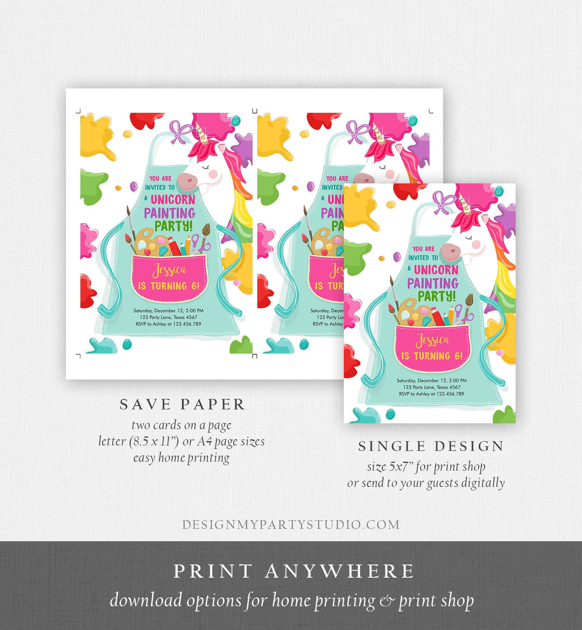 Editable Unicorn Painting Party Invitation Art Party Birthday Girl Paint Craft Party Digital Download Evite Template Printable 0319