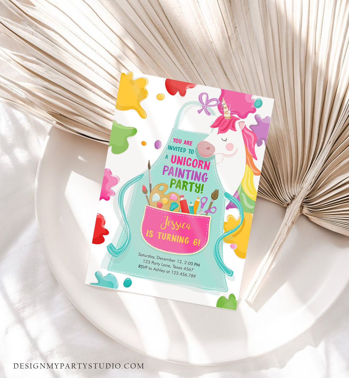 Editable Unicorn Painting Party Invitation Art Party Birthday Girl Paint Craft Party Digital Download Evite Template Printable 0319