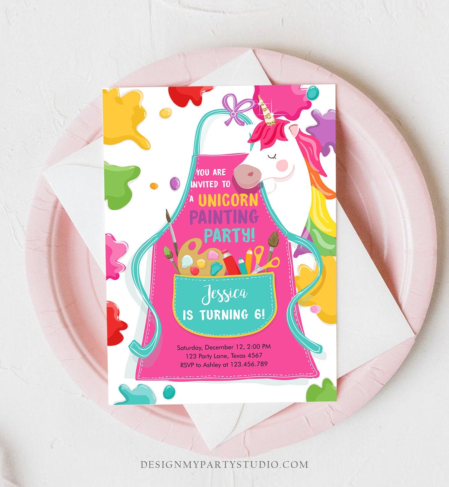 Editable Unicorn Painting Party Invitation Art Party Birthday Invite Girl Paint Craft Party Download Printable Template Digital Corjl 0319