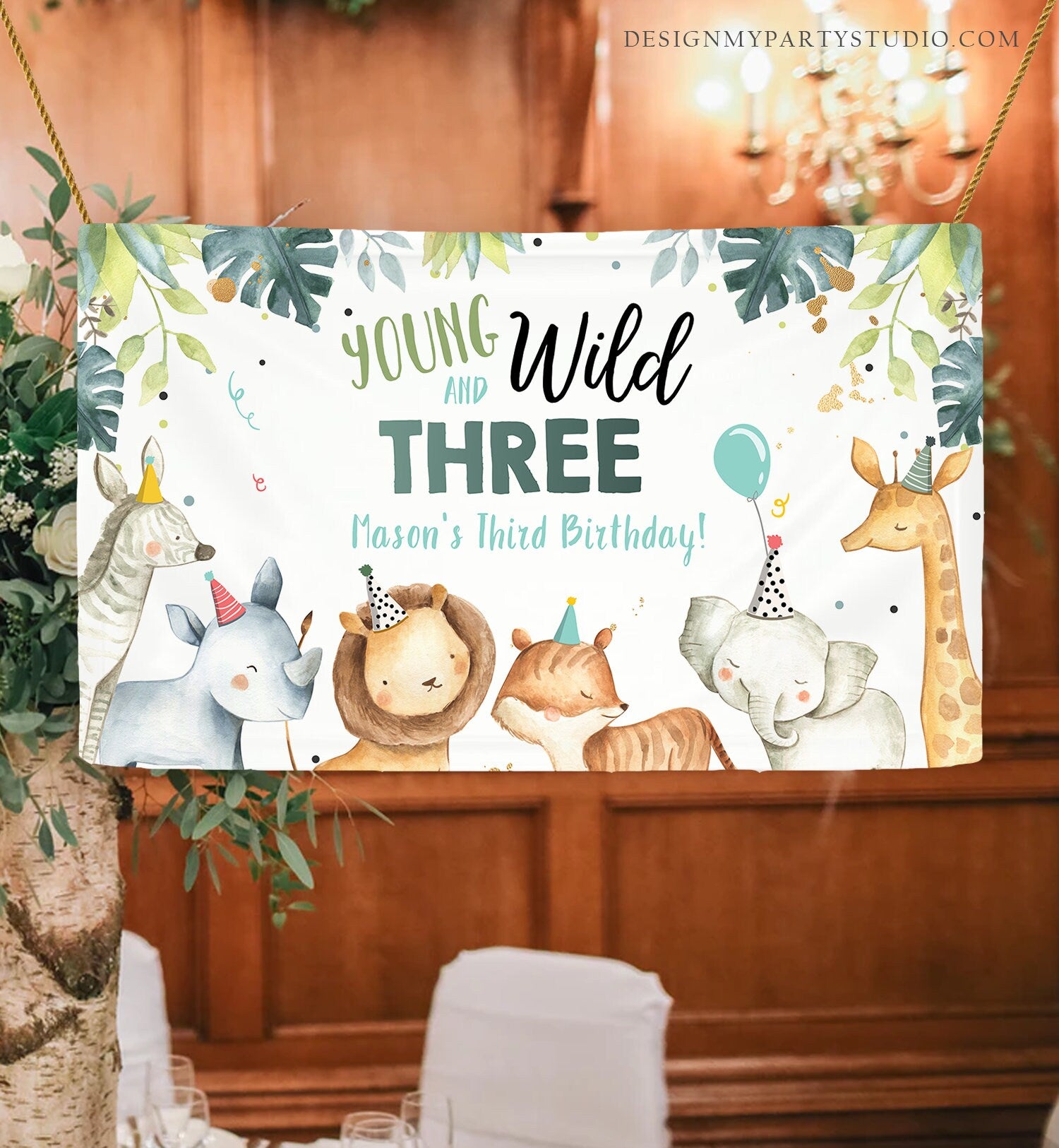 Editable Young Wild and Three Safari Animals Birthday Backdrop Banner Party Animals Boy Third 3rd Welcome Sign Corjl Template Printable 0163