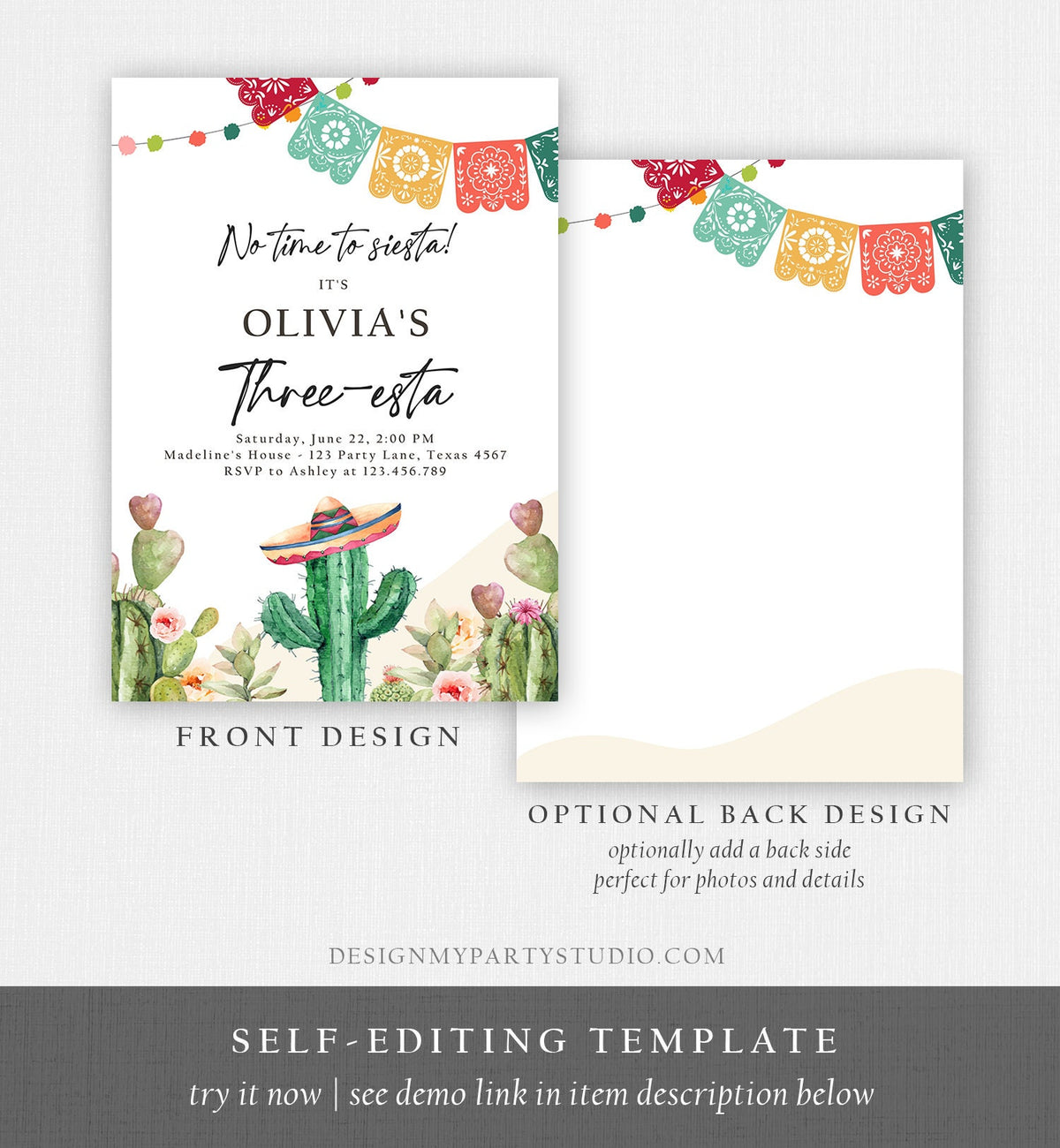 Editable Fiesta Invitation Three-esta Birthday Mexican Cactus Succulent Desert Floral Girl Kids 3rd Printable Invitation Template Evite 0404