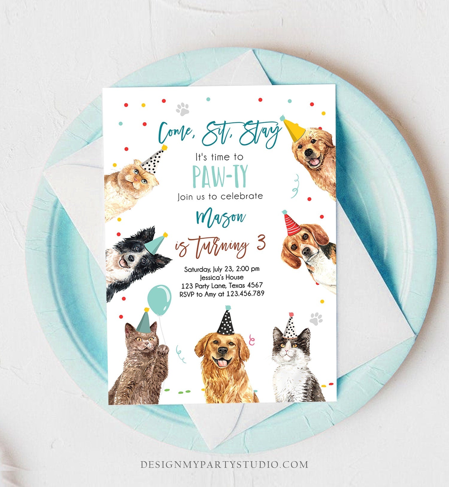 Editable Cats and Dogs Birthday Invitation Cat Dog Birthday Party Invite Boy Kitten Puppy Pawty Download Printable Template Corjl 0384