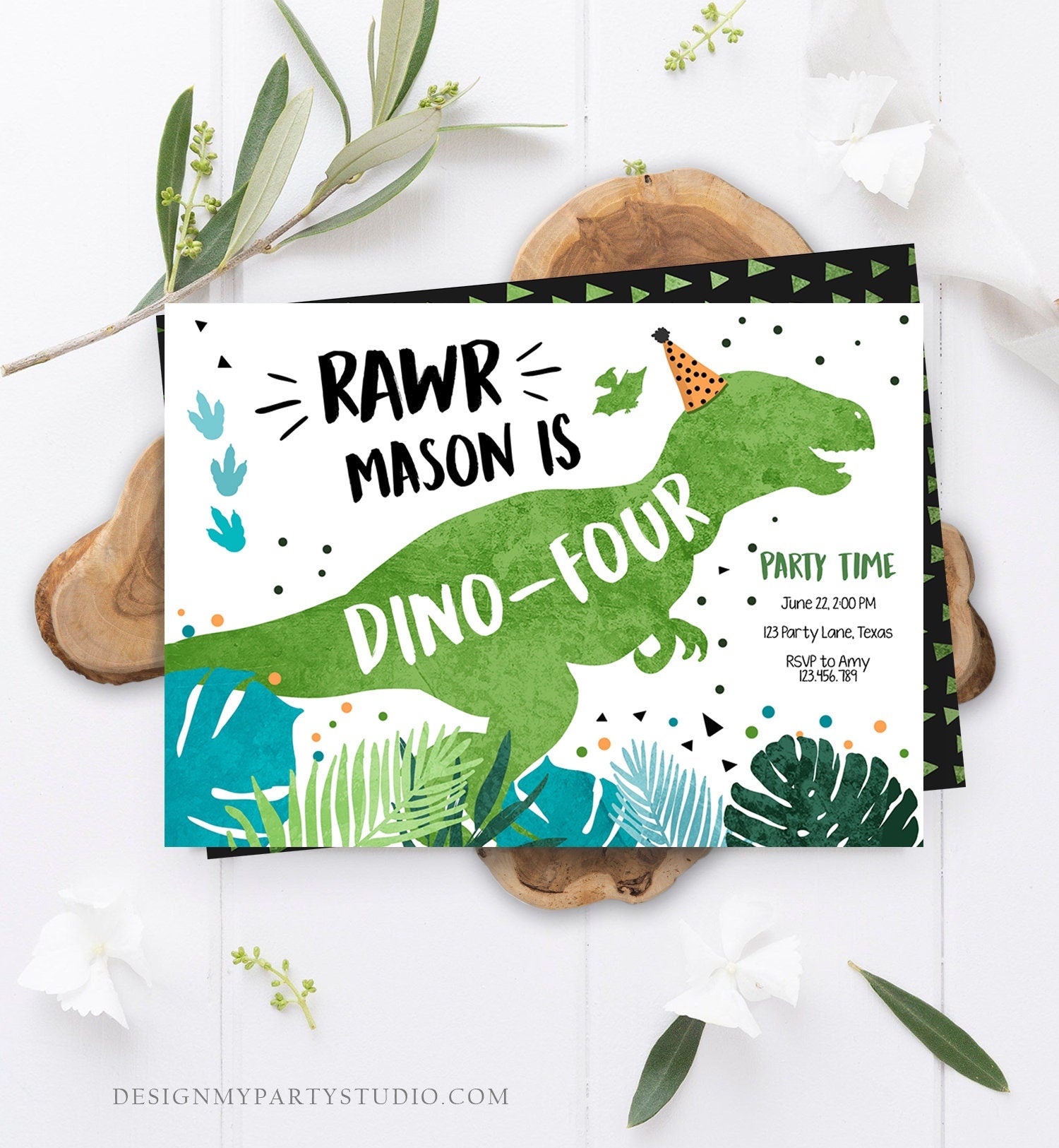 Editable Dino-Four Dinosaur Birthday Invitation Dino T-Rex 4th Birthday Fourth Rawr Boy Green Blue Prehistoric Printable Corjl Template 0389