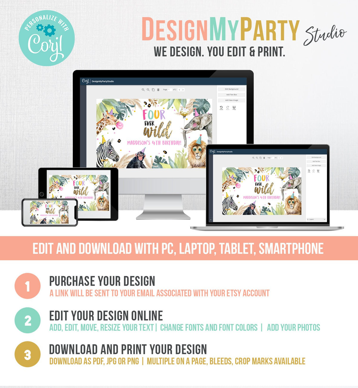 Editable Party Animals Four Ever Wild Backdrop Banner Safari Animals Girl Pink Fourth Birthday Welcome Corjl Template Printable 0417