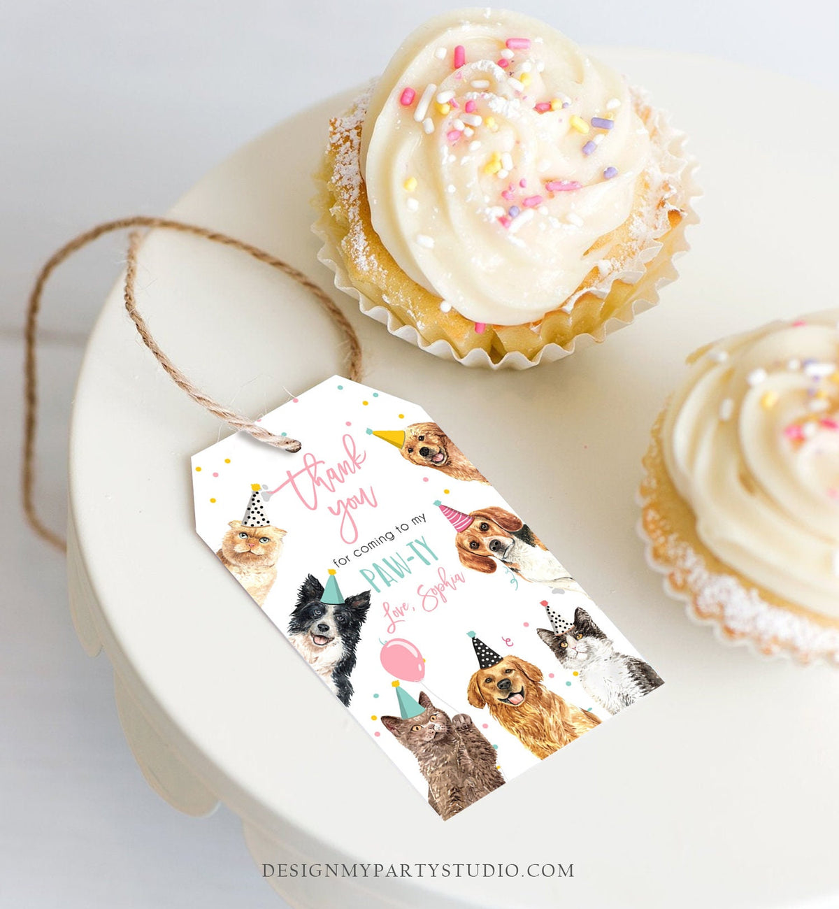 Editable Cats and Dogs Favor Tag Cat Dog Birthday Thank You Tag Girl Pink Puppy Pet Vet Animal Kitten Pawty Digital Template Printable 0384