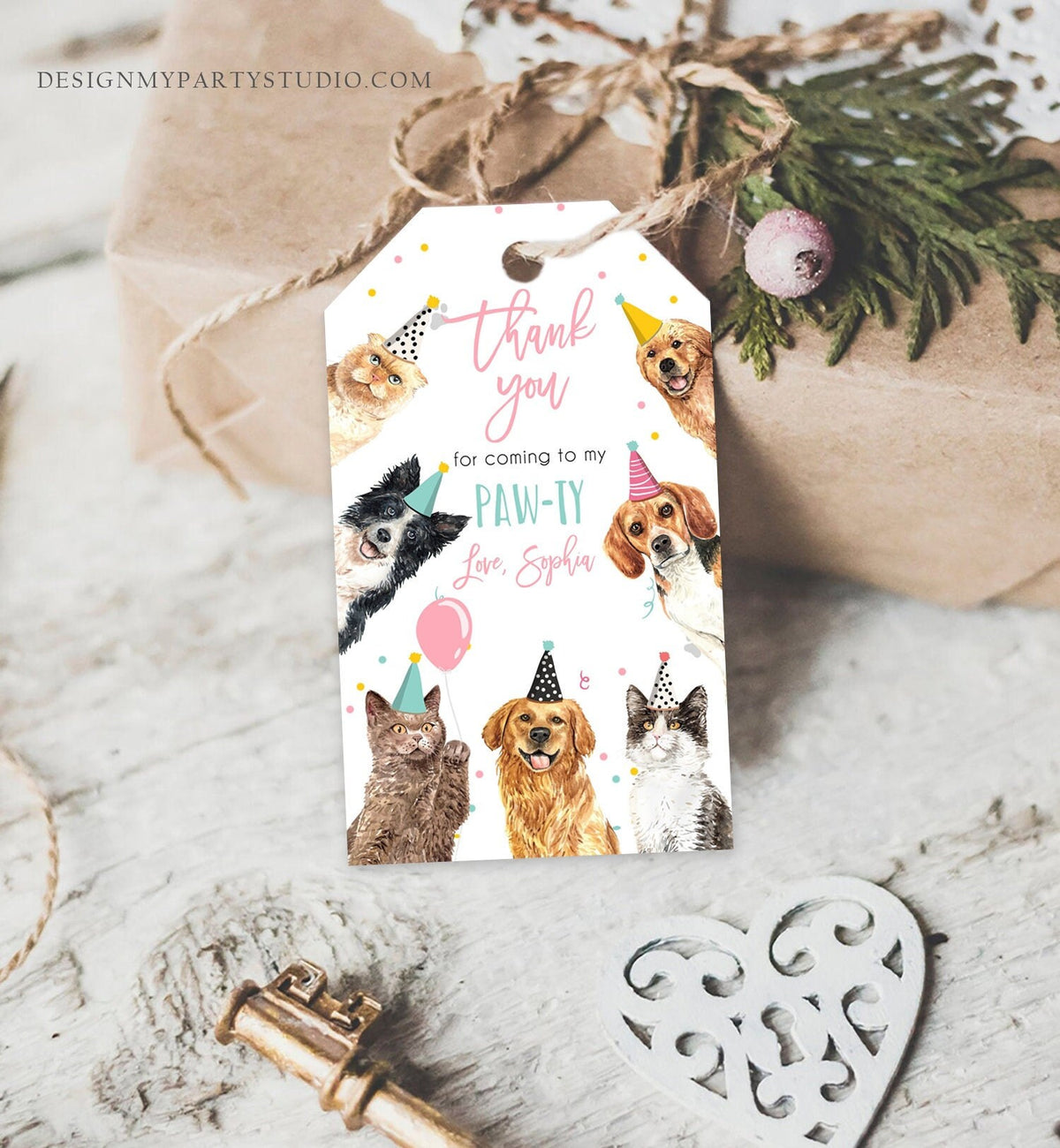 Editable Cats and Dogs Favor Tag Cat Dog Birthday Thank You Tag Girl Pink Puppy Pet Vet Animal Kitten Pawty Digital Template Printable 0384