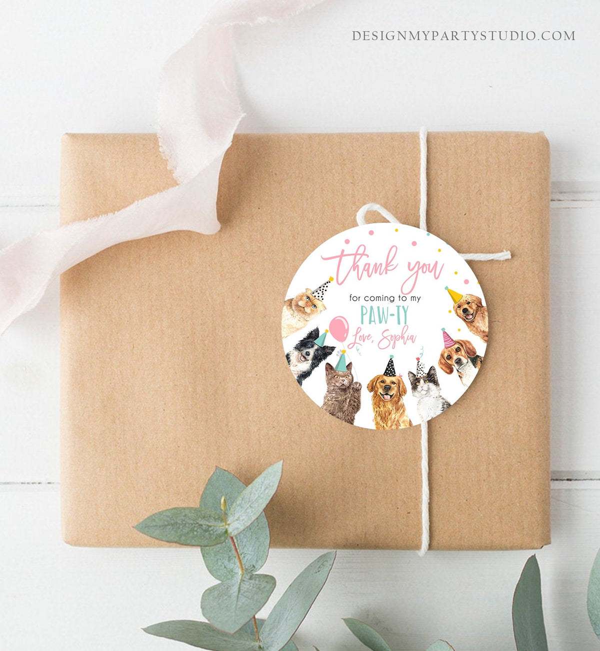 Editable Cats and Dogs Favor tags Puppy Kitten Birthday Thank you tag Girl Pink Cat Pup Dog Pet Vet Animal Template PRINTABLE Corjl 0384