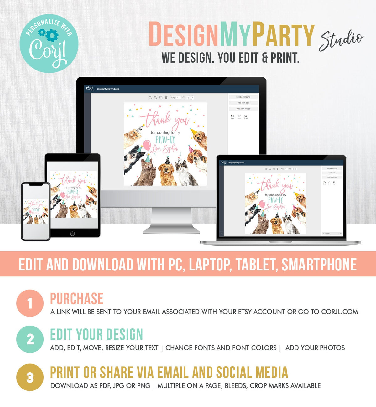 Editable Cats and Dogs Favor tags Puppy Kitten Birthday Thank you tag Girl Pink Cat Pup Dog Pet Vet Animal Template PRINTABLE Corjl 0384