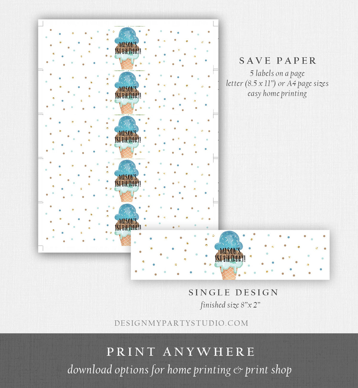 Editable Ice Cream Water Bottle Labels Ice Cream Birthday Scoop Cone Blue Brown Boy Summer Bottle Wrap Digital Template Printable 0243