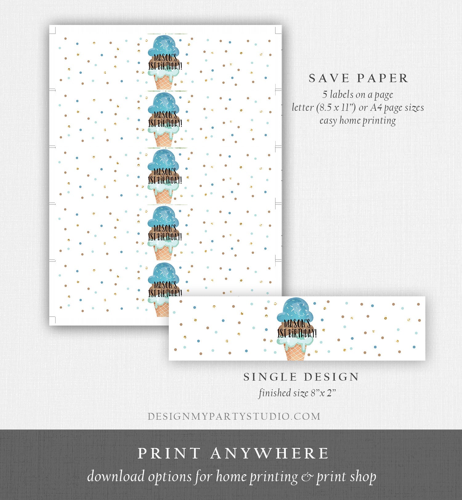 Editable Ice Cream Water Bottle Labels Ice Cream Birthday Scoop Cone Blue Brown Boy Summer Bottle Wrap Digital Template Printable 0243